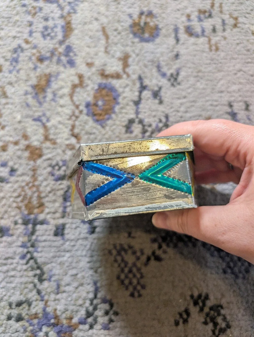 Vintage‎ Mexican Punched Tin Trinket Box With Floral Design Handmade Folk Art